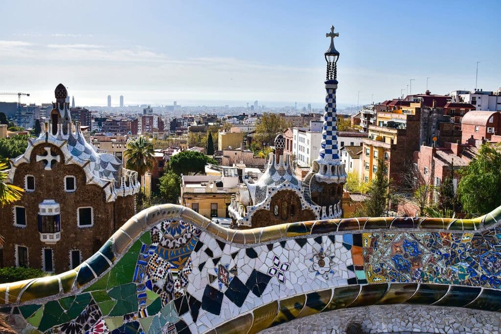 Mosaic terrace and city view at Park Güell in Barcelona, by AXP Photography