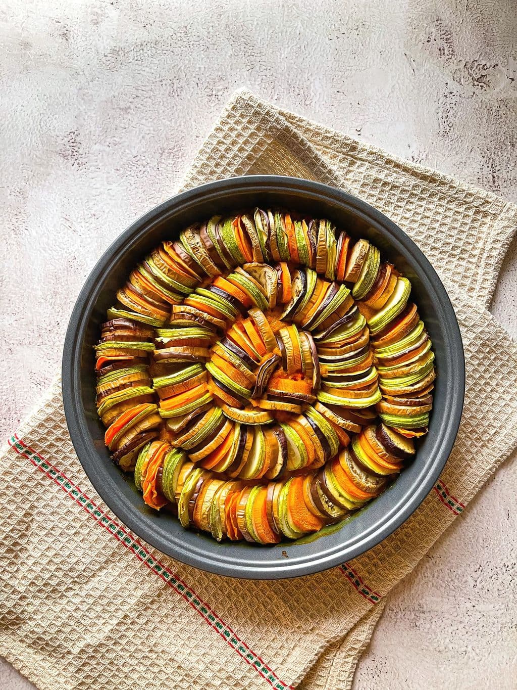 Pan of sliced ratatouille vegetables, by Coach Mohab