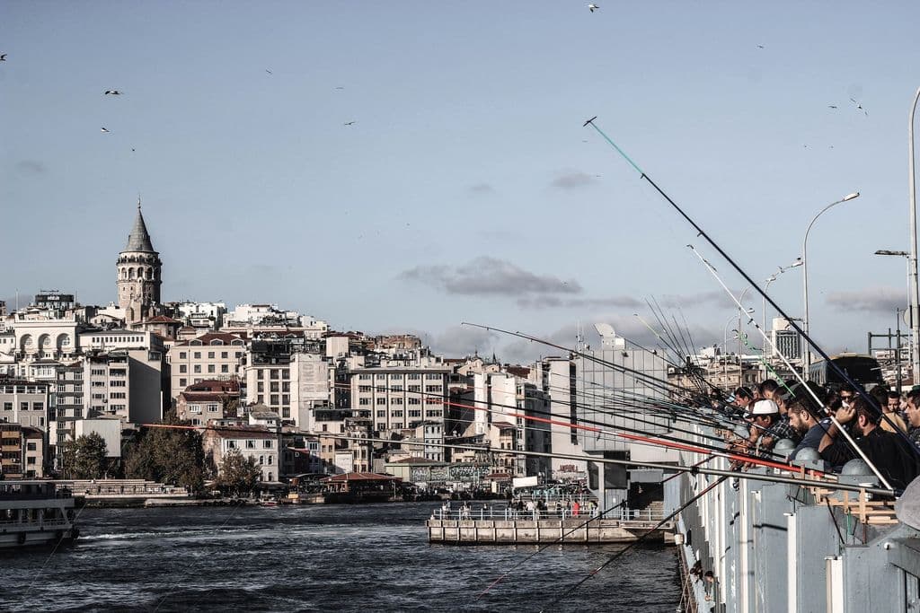 People fishing on Galata Bridge with Istanbul skyline, by Mehmet Ali Ayvaz