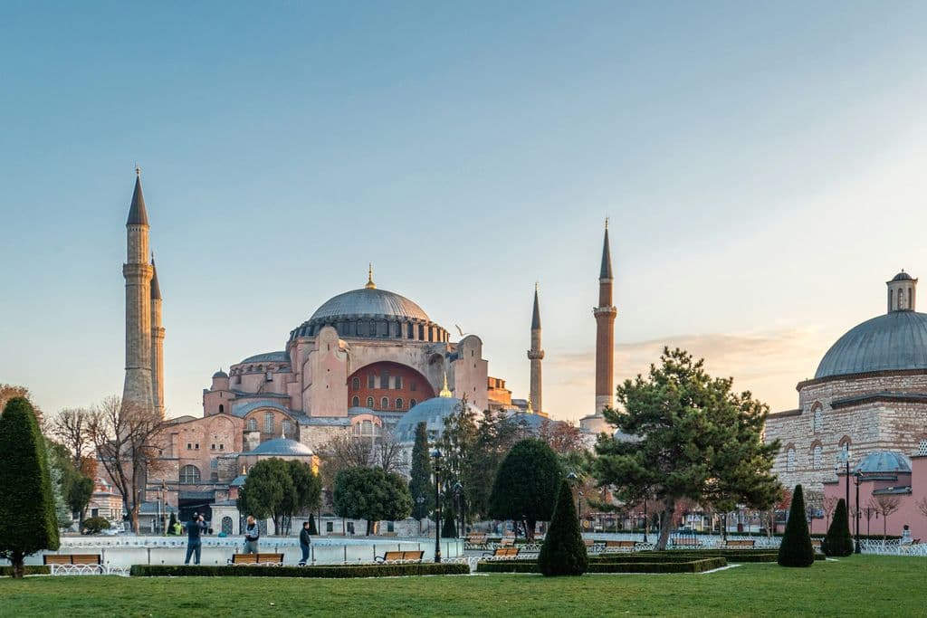 Hagia Sophia exterior under a blue sky in Istanbul, by Lewis J Goetz