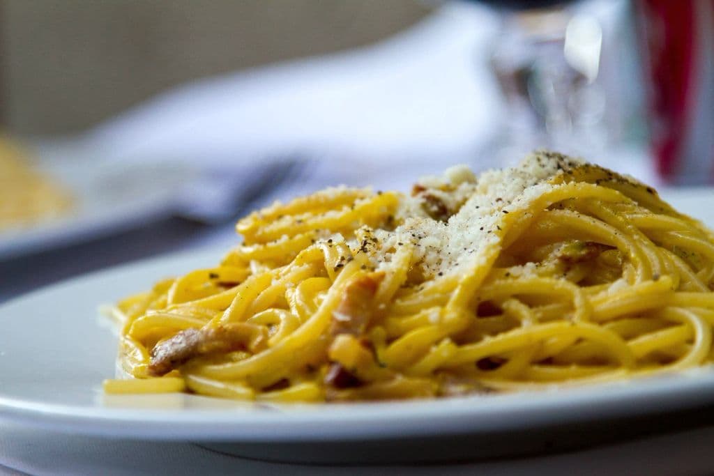 Pasta Carbonara served as traditional Italian food, by Maurijn Pach