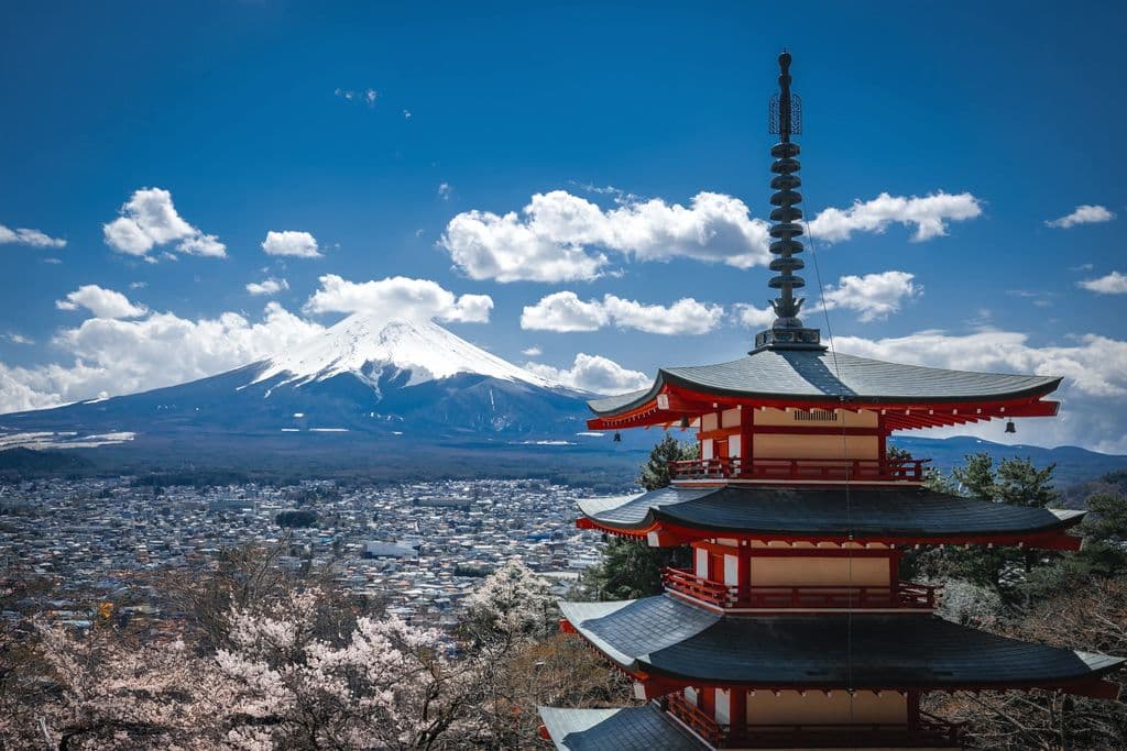 Chureito Pagoda with Mount Fuji and cherry blossoms, by Max Mishin