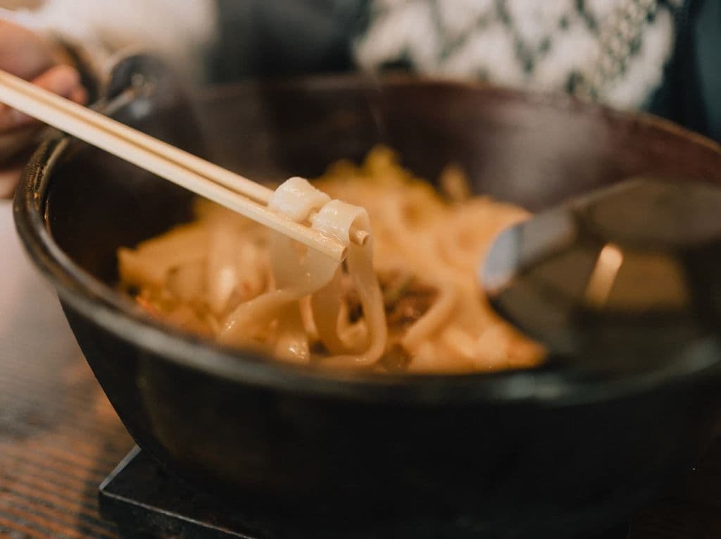 Bowl of Japanese udon noodles with chopsticks, by Gu Ko