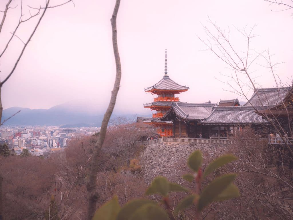 Kiyomizu-dera Temple in Kyoto with misty hills, by Irina Senti