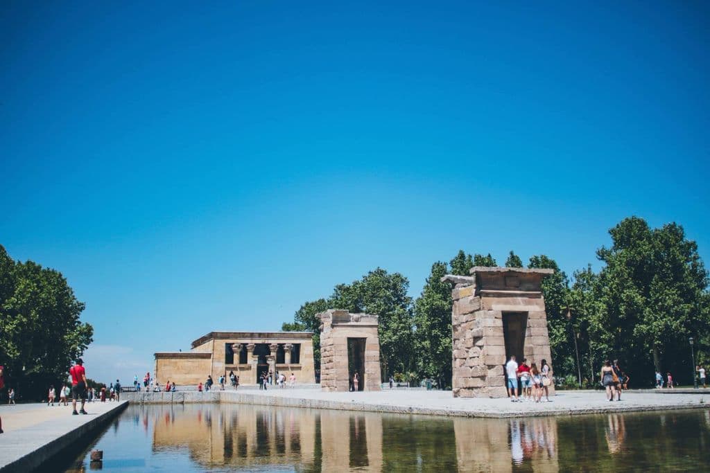 Temple of Debod reflected in water in Madrid, by Luis Quintero