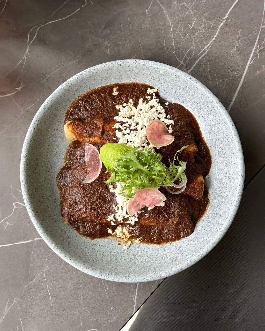 Plate of mole poblano with meat and vegetables, by Kuiyibo Campos