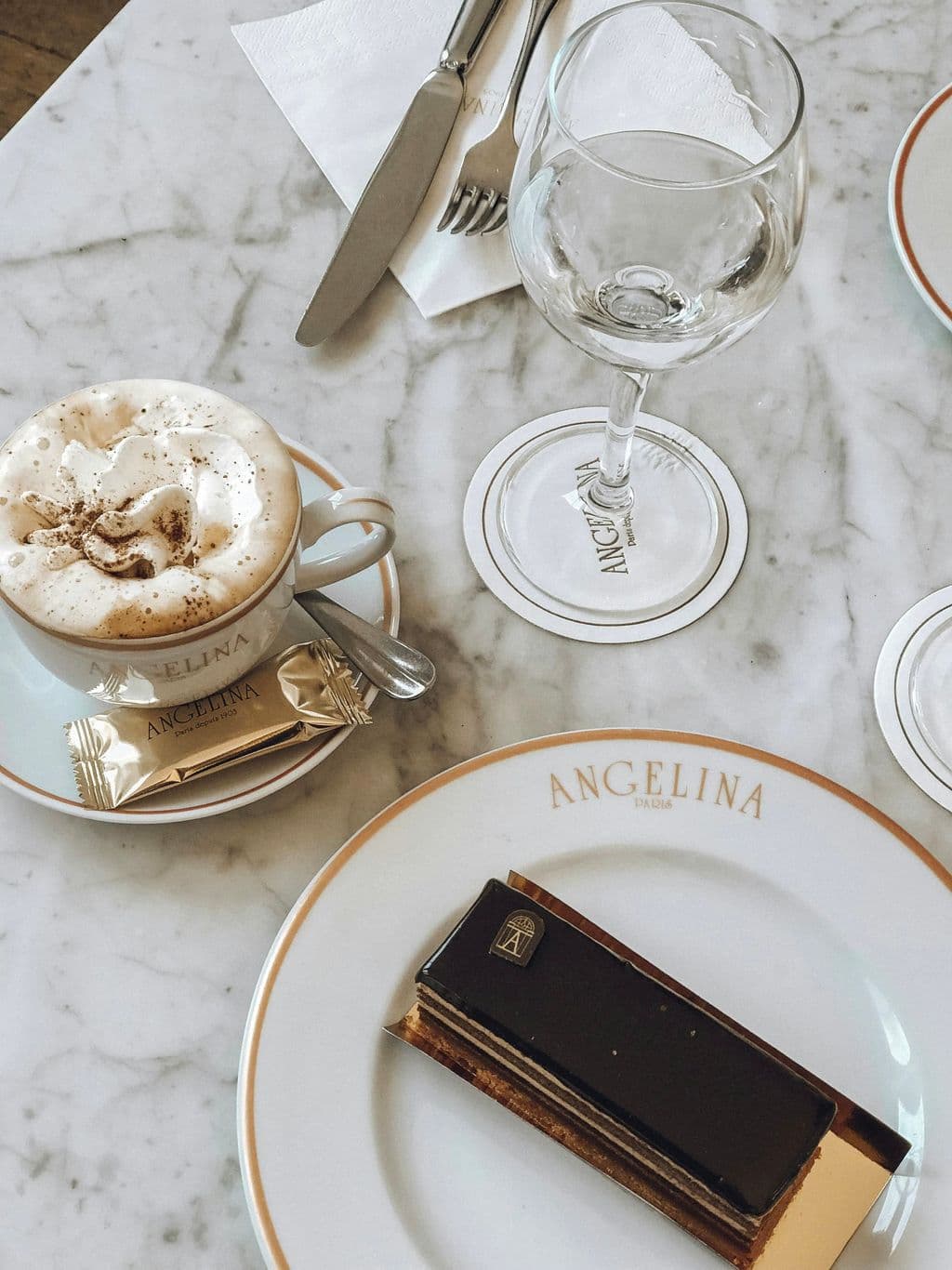 Coffee and pastry table at Angelina Café in Paris
