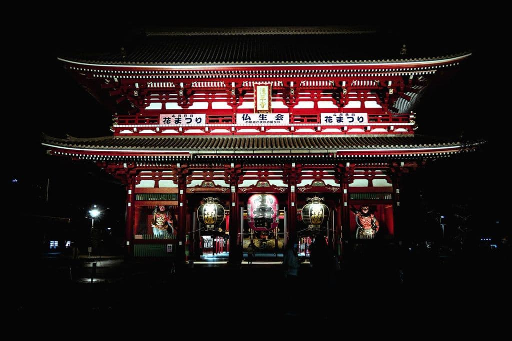 Illuminated Senso-ji Temple in Tokyo at night, by Maheshwaran Shanmugam