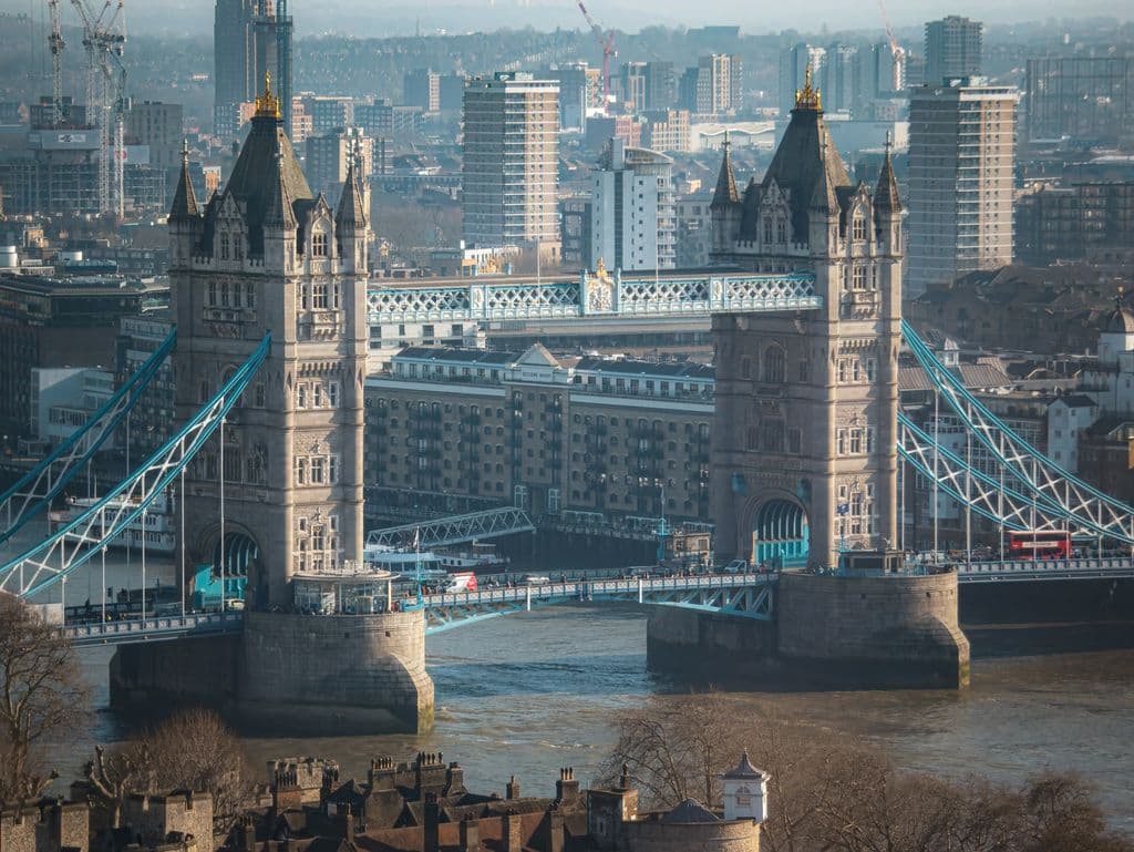 Tower Bridge with the London cityscape, by Jimmyk photos