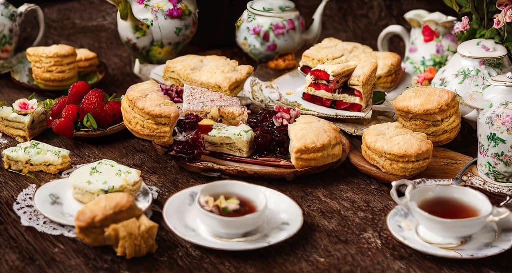 Afternoon tea spread with scones and jam, by A P