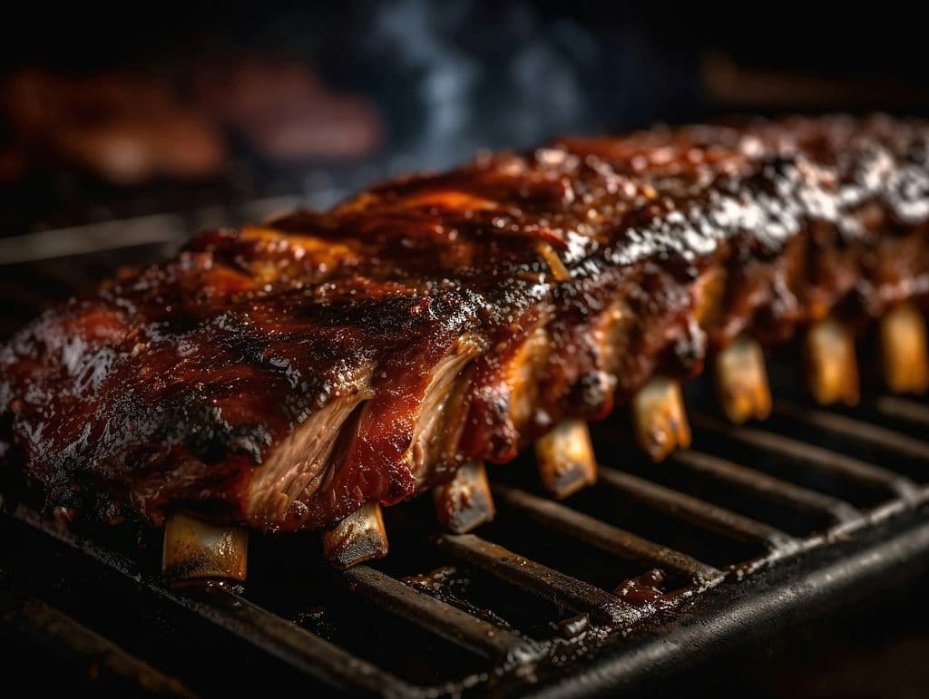 Barbecue ribs cooking on a grill, by Brian Wegman