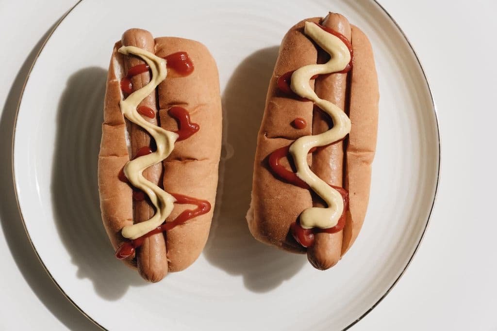 Hot dogs with ketchup and mustard on a plate, by alleksana